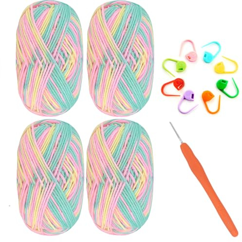 BSITSSS 4PCS Hilo de Algodón Ovillo de Algodón, Lanas para Crochet, Lanas para Tejer, 50g Hilo Crochet, Lana Hilo de Tejer Acrílico para Tejer o para Ganchillo