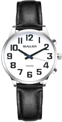 RUNCAR - Reloj parlante para mujer, para personas mayores, con discapacidad visual o no visible, números grandes, correa de piel, Hombres negros, correa