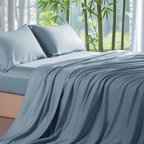 Shilucheng 100% viscosa de bambú, tamaño Queen, juego de 4 sábanas ultrafrescas y sedosas, bolsillo de 40,6 cm de profundidad, perfecto para dormir caliente, ropa de cama de hotel, color azul francés