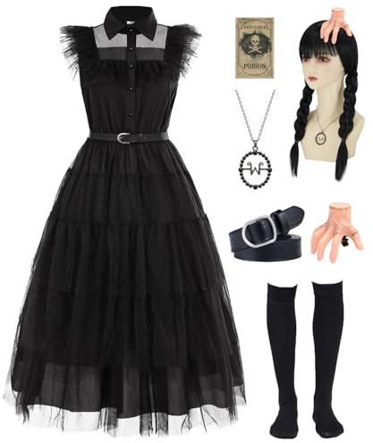 Mrsclaus Robe gothique noire Costumes de mercredi Cosplay avec perruque, collier et accessoires pour carnaval et Halloween