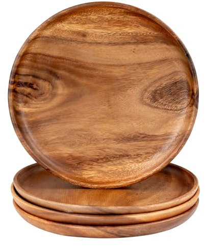 levandeo 4er Set Runde Teller Akazie Ø25cm Holzteller Snackteller Akazienholz Dekoteller Handgefertigt Deko Unikat Tischdeko Ablage