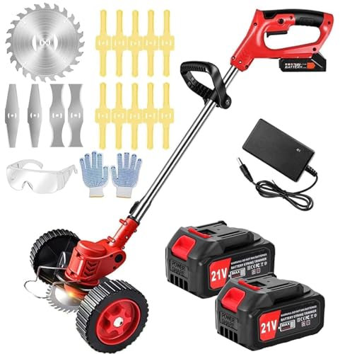 Desbrozadora inalámbrica de 21 V, desbrozadora de jardín ligera con 2 baterías y 13 cuchillas y ruedas extraíbles, desbrozadora eléctrica de altura ajustable para jardines y césped