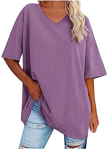 Oversize Shirt Damen Sommer Einfarbige Tshirt Basic Rundhals Sportshirt Elegant Solide Longshirt Bequem Baumwolle Sweatshirt Frauen Tunika Tops Teenager Mädchen Pullover All-Match Oberteile S-XXL