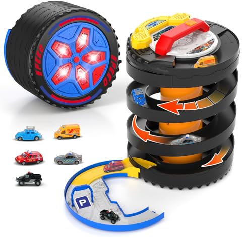 VATOS Toy Car Race Track Set, 2-in-1 Foldable Tire Toy Racing Tracks Tower for Kids with 5 Race Cars, Rolling Wheel Game with Light & Sound, Car Toys Gift for Toddlers Boys Girls Ages 3 4 5 6