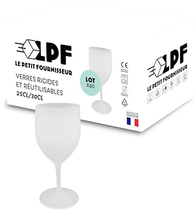 LPF LE PETIT FOURNISSEUR - Lot de 60 Verres à Vin réutilisables 25cl (30cl max) - Polypropylène plastique alimentaire rigide - Verre à pied à eau et vin - Compatible lave-vaisselle - Couleur Givrée