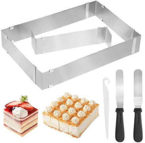 Taybong Stampo Rettangolare Torta,Anello per Torte Regolabile Rettangolare Tortiera da Forno,Anello per Dolci in Acciaio Inox con Divisori, Raschietti e Spatola per Torte Tiramisù Pizze