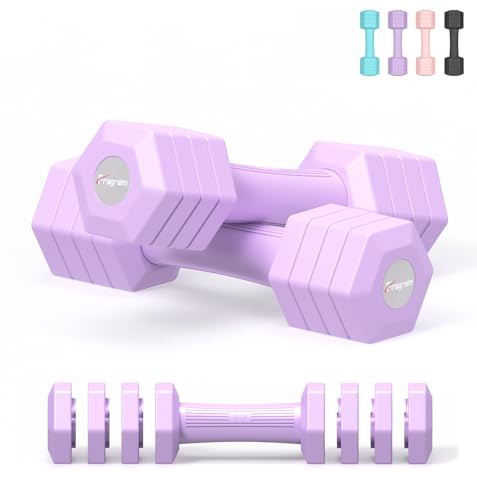 Adjustable Dumbbells Set for Women Men 4.54 kg, 4 in 1 Hand Weights Set Dumbbell Pair Each 0.9 kg, 1.36 kg, 1.81 kg, 2.27 kg Weights Dumbbell Set with TPU Soft Rubber Handle for Home Gym - Purple