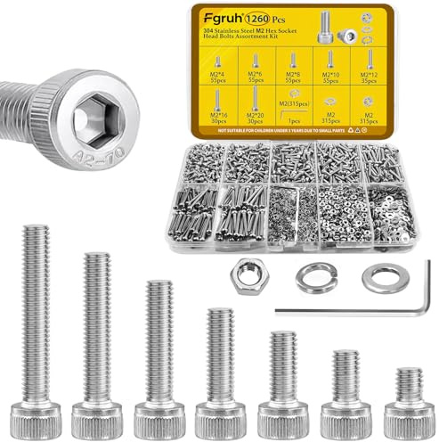 Fgruh 1260pcs M2 Screw Assortment kit, M2*4mm/6mm/8mm/10mm/12mm/16mm/20mm 304 Stainless Steel Hex Socket Head Cap Screw Bolts Nuts Flat & Lock Washer Set