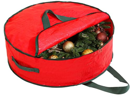 KASESSS 61 Cm Borsa Porta Oggetti Corona Di Natale, Ghirlanda Borsa Portaoggetti Con Manici Per Il Trasporto E Cerniera, Corona Natale Contenitore Per La Decorazione Di Ghirlanda, Rosso