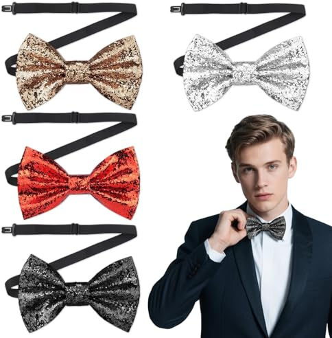 4 Noeuds Papillon Brillants avec Strass Noeud Papillon pour Hommes, Accessoires de Fête, Carnaval et Nouvel an, Noir, Rouge, Or, Argent, Facile à Porter