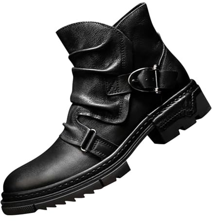 Cowboy Boots Uomo Pelle Pu, Stivaletti impermeabili da Uomo Scarpe da trekking con Fibbie Autunno Outdoor Desert Boot Antiscivolo Scarpe da Lavoro Vintage Senza Lacci, Nero , 41 EU