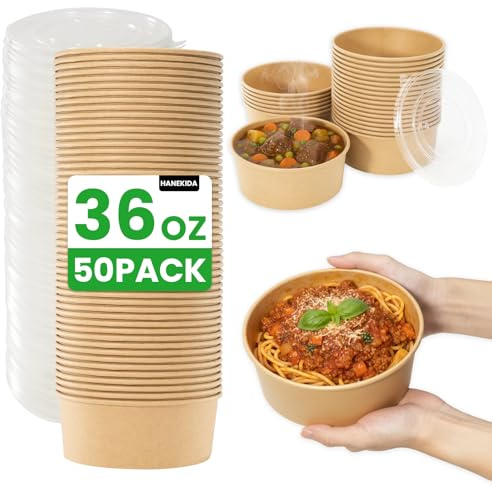 HANEKIDA 50 Count 36 oz Large Disposable Paper Bowls with Lids, Salad Containers for Lunch, Paper Meal Prep Containers for Hot & Cold Food, Soup, Ramen, Salad