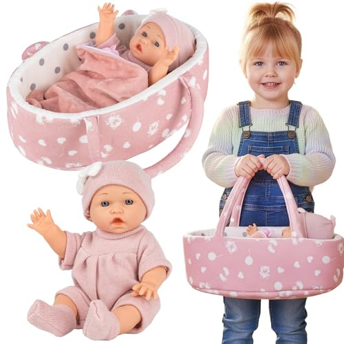 Kinderplay Poupée avec Porte-bébé et Accessoires, 30 cm, avec Couverture, Oreiller et tétine, poupée réaliste, pour Enfants à partir de 3 Ans, Cadeau pour Fille