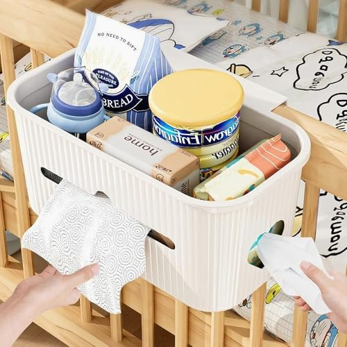 VIREYA Bedside Storage Box Bin Organizer Diaper Caddy Organizer for Kids Bed, Crib, Playard,Playpen, Nursery Bedroom, Bathroom Essentials,for Books, Tissues, Cup & Snacks(White)
