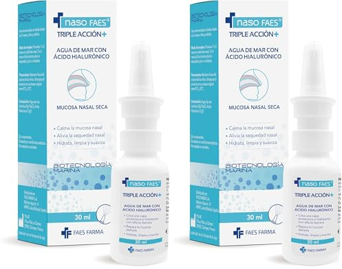 Naso FAES - Triple Acción+, Spray Nasal con Agua de Mar y Ácido Hialurónico, Calma, Hidrata y Alivia la Sequedad Nasal - 30 ml (Paquete de 2)