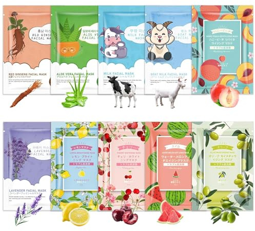 10 Pezzi Maschera viso, Maschera Viso Coreana Nutriente con Frutta ed Estratti Vegetali, Maschere Viso in Tessuto, per Azione Idratante, Detergente, Set Skin Care Ragazza Donne