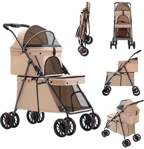 OHMG Dubbel hundvagn, vikbar, barnvagn för 2 djur, upp till 16 kg, kattbärare med kuddar och mugghållare, transportväska för hundbur, 4 st hjul
