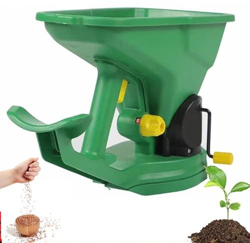 Handhållen Fröspridare – 1,5L Manuell Trädgårdssåmaskin med Handvev, 5-Graders Justerbar Ventil, Lätt & Bärbar för Gräsmatta, Trädgård, Hortikultur, Gödsel och Snösmältning