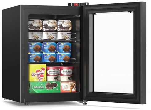 Electactic Mini Freezer, 2.3 Cu.ft Compact Upright Freezer with Glass Door Display, 7 Temperature Settings, -10°F to -18°F Deep Freezing, Quiet Freezer for Home Use, Black