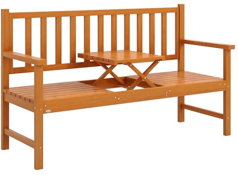 Outsunny Panchina da Giardino a 2-3 Posti in Legno di Pino, Panchina da Esterno con Tavolino Sollevabile e Braccioli, per Balcone Esterno e Patio, 153x56x91 cm, Marrone Chiaro