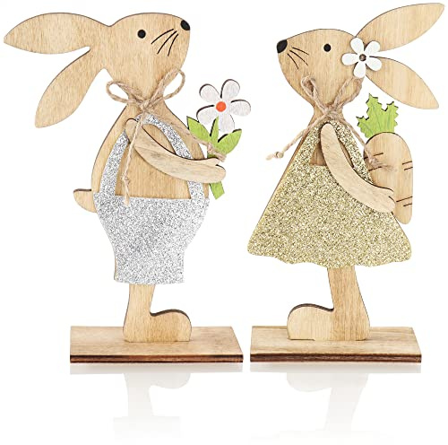 com-four® 2X Présentoirs décoratifs pour Pâques - Lapin de Pâques avec Fleur - Lapin à Poser - décoration de Pâques (2 pièces - Orange/Jaune)