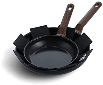BK Simply Ceramic 3 Piece Non-Stick Frying Pan Skillet Set, 24/28 cm and Protector, Vintage Wood Inspired Handle,PFAS Free, Induction, Oven Safe, Black