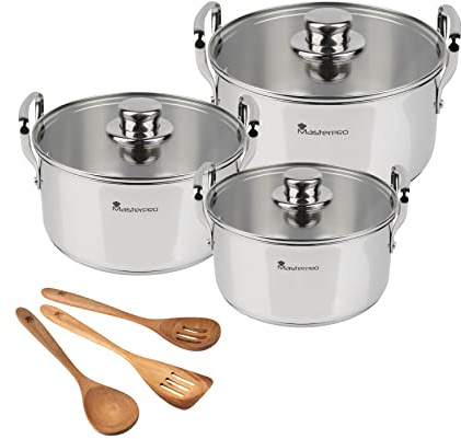 MasterPro Smart | Juego de Cocina | Batería de 6 Piezas y 3 Utensilios | Ollas de Acero Inoxidable | Juego de Cacerolas de 11,7 L, 6,5 L y 3,1 L | Aptas para Todo Tipo de Cocinas