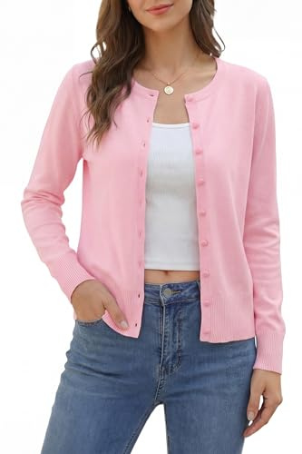 VOTEPRETTY Pink Cardigans for Women UK Lightweight Ladies Short Top Sweater Knitwear Shrugs(Pink,S)