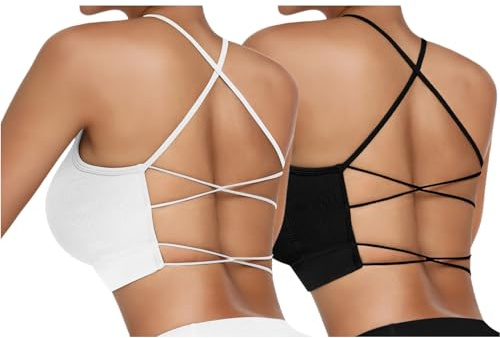 Vertvie Damen Sport BH Gepolstert Crossback Yoga Sports Bra Spaghettiträger Rücken Verkreuzt Gerippt Bustier Ohne Bügel Atmungsaktiv BH mit Abnehmbaren Cups(2pc: Schwarz + Weiß,S)
