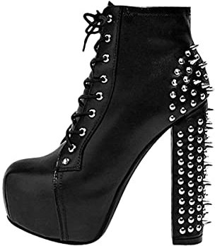 Only maker Damen Plateau Stiefeletten Blockabsatz Punk Boots nit Nieten Kurzschaft Schnürstiefeletten PU Schwarz 38 EU