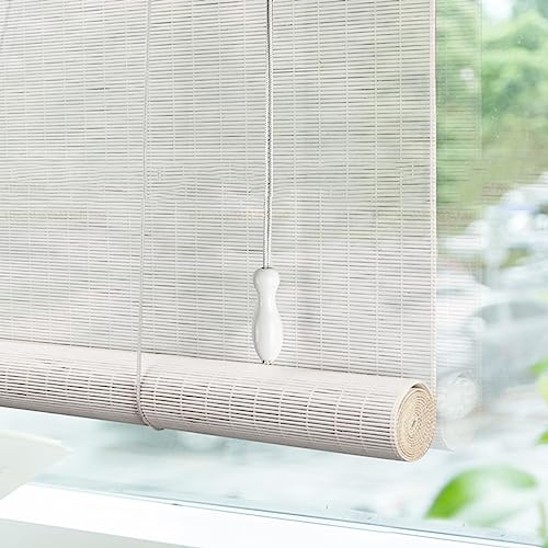 Persiana Enrollable de Bambú Blanco Estor de bambú Cortinas Estores Privacidad Protección Rollo bambú Ventanas para Sala de Té al Aire Libre Porche Patio Gazebo,personalizable (W105 x H240cm)