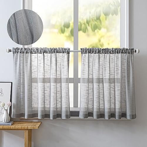 NSXIN 2er Set Scheibengardinen Halbtransparent Bistrogardine Gardinen Weiss Fenstervorhang Halb Küche Vorhänge Fensterschal für kleine Fenster Küche Wohnzimmer Landhaus (Grau,B 90 x H 60 cm)