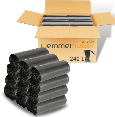 Müllsäcke 240 Liter extrastark & reißfest, Abfallsäcke, Müllbeutel, Müllsack, Abfallbeutel für Haus, Garten, Industrie & Gastronomie von Demmelhuber (12 Rollen)