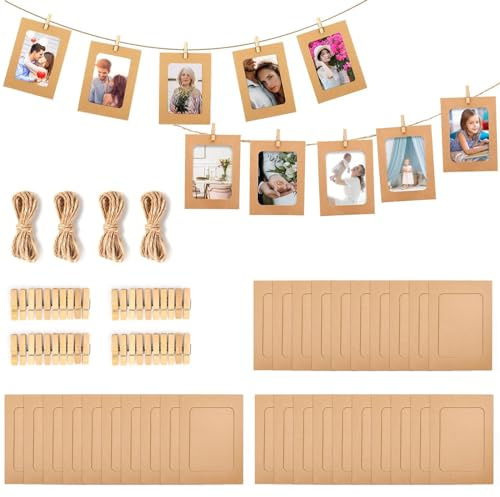 qhklew 30 Pezzi Cornice per Foto in Carta Kraft, Cornici di Carta Kraft con Clip in Legno e Corda da Appendere, 6 x 4 Inch Cornici Portafoto in Cartone per DIY Sospesa Decorazione, Marrone