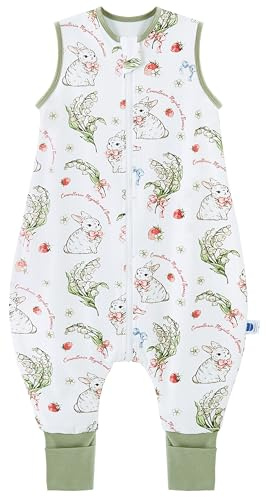 Chilsuessy Saco de dormir para bebé con perneras, 1,5 tog, 100% algodón, para todo el año, con pies, conejo de fresa, 80 cm, altura del bebé de 85 a 95 cm