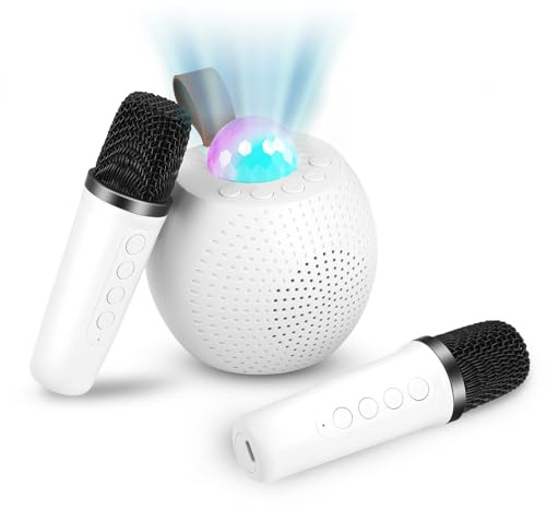 Weigudoc Karaoke Machine with 2 Wireless Microphone, Bluetooth Karaoke Speaker with Disco Ball, LED Lights, Voice Changing Effects for Girl, Boy, Birthday, Home, Party (White)