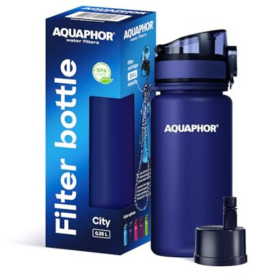 AQUAPHOR City | Kleine Trinkflasche mit Wasserfilter 350 ml Navy | Kompakt, leicht & BPA-frei | Für Kinder und unterwegs geeignet | Filterflasche mit Aktivkohlefilter | Perfekt zum Schulstart