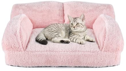 pawstrip Cat Couch Bed with Removable Cover Washable Pink Small Dog Bed Soft Plush Pet Sofa for Indoor Cats Cute Princess Puppy Cushion, Non-Slip Bottom (Pink, 30x21x12 inch)