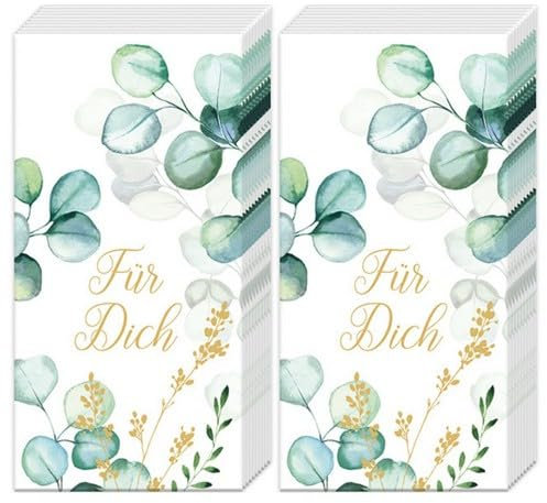 20 einzelne Taschentücher Blumen Eukalyptus Für Dich. 2 Packungen mit 10 einzelnen Papiertaschentücher bedruckt als Geschenk.
