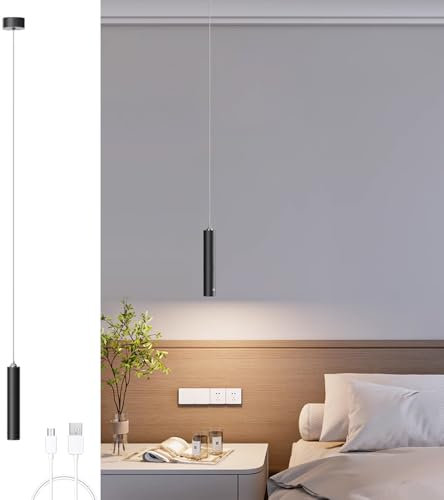 ACMHNC Battery Pendant Light, USB Rechargeable Hanging Ceiling Lights Touch Dimmable, Modern LED Wireless Pendant Ceiling Light for Bedside Bedroom Sofa Corner, No Wire, Black, 5W