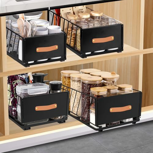 Pavlleen Teleskopschublade, Ausziehbarer Schrank Organizer, für Kabinett Metall Slide Out Organizer mit Griff Küche Aufbewahrungsregal Klebebänder Korb Schublade für Schrank, Schwarz, 40x15.5x25cm