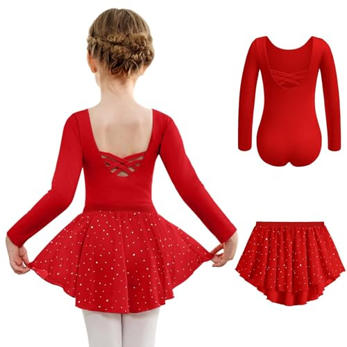 Arshiner Mädchen Langarm Ballettkleidung Zweiteiliges Ballettanzug Kinder Rückenfrei Ballettkleid Balletttrikot Tanzkleid aus Baumwolle Tanzbody mit Chiffon Rock Tütü Rot 140 5-6 Jahre