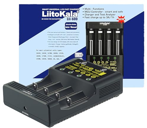 MXJFYY Liitokala Lii-600 snabb batteriladdare med LCD-display pekkontroll, batteriladdare 18650 med 4 kortplatser med 12 V5A-adapter för Li-Ion/Ni-MH/Ni-Cd 14500 21700 AA AAA