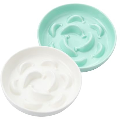 Gamelle Chat Anti Glouton Céramique - Lot de 2 Gamelles pour Chats pour Alimentation Lente - Bol Double pour Chat Série Pastel - Compatible Lave-Vaisselle et Micro-Ondes - Blanc et Vert
