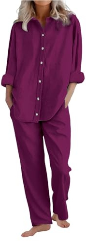 Generico Completo di Lino Donna 2 Pezzi Pantalone Lungo Estivo 2025 Tuta Elegante Completo Casual Set Estiva Camicia e Pantaloni Cotone Completi Leggera Comodi Tute Curvy Taglie Forti