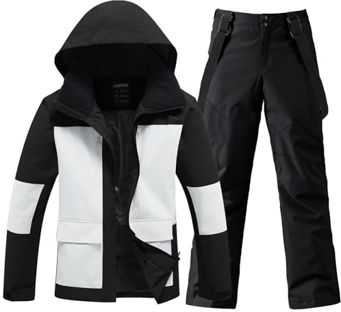 HOTIAN Conjunto de chaqueta y pantalones de esquí para hombre, transpirable, traje de esquí impermeable, resistente al viento, traje de nieve con capucha desmontable, BK+BK, L