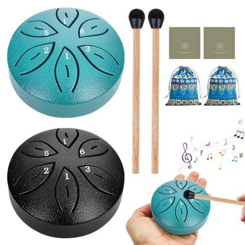 Tungtrumma i stål, 2 delar, 6 toner, slitstrumma med pinnar, stålfliktrumma, handpan-slagverksinstrument, trumma för yoga, meditation, lindrar stress