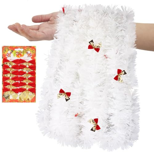 Calkkrer Ghirlanda Natalizia 4 * 2m Bianca, Spessa Ghirlanda Metallic Lametta, Tulle e Fiocchi Festivi, Ghirlanda per Albero di Natale Bianca con Fiocchi di Neve