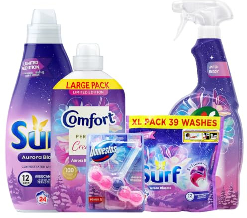 Aurora Blooms 5pc Cleaning & Laundry Bundle | Comfort Creations 45W, Surf Liquid 24W, Surf 3in1 Caps 39s, Cif Multi-Purpose Spray 750ml & Domestos Rim Block 55g | Fresh Floral Fragrance Collection