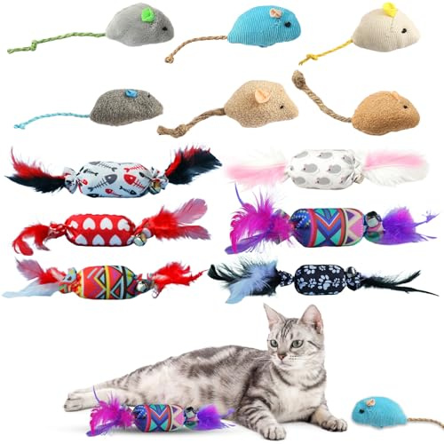 hommova 12 Pcs Cat Feather Toy Set, Chew Interactive Boredom Cat Feather Toy Catnip Mouse Teething Toy for Indoor Play